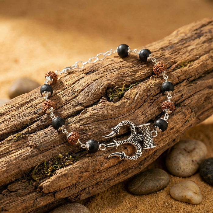 Rudraksha Karungali Silver Cap Trishool Damroo Bracelet