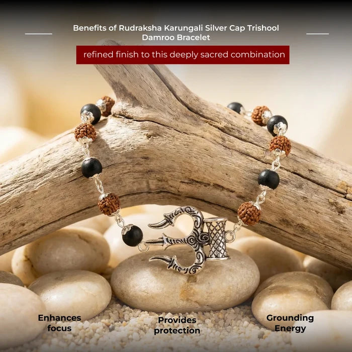 Rudraksha Karungali Silver Cap Trishool Damroo Bracelet - view 3