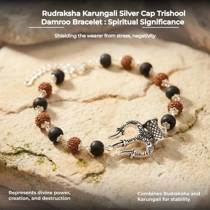 Rudraksha Karungali Silver Cap Trishool Damroo Bracelet - view 4