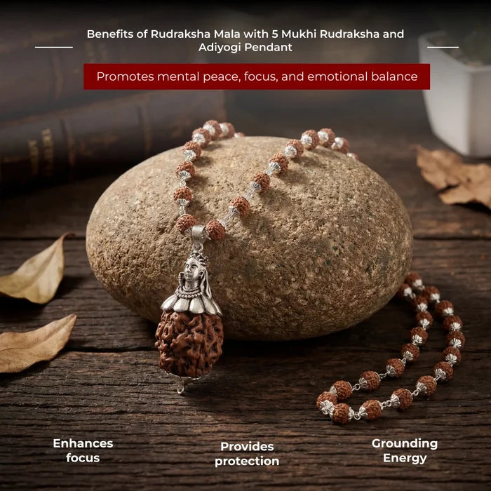 Rudraksha Mala with 5 Mukhi Rudraksha and Adiyogi Pendant - view 4