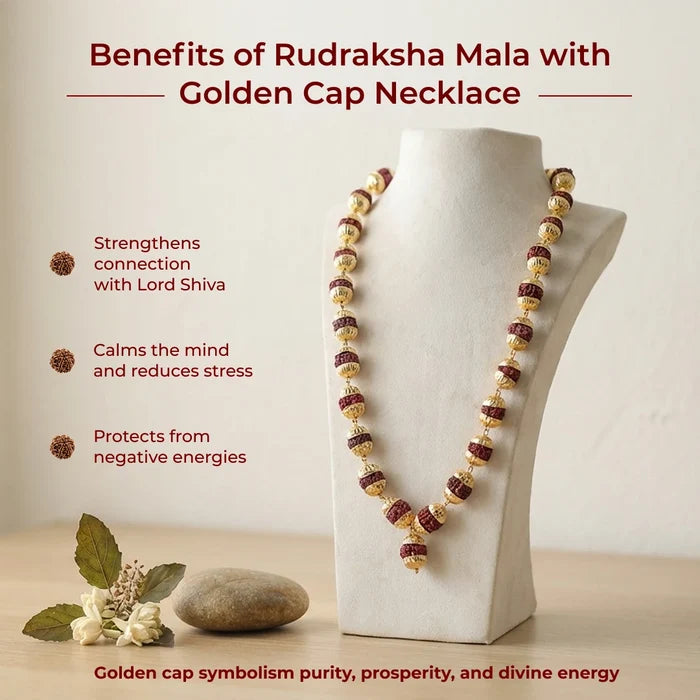 Rudraksha Mala with Golden Cap Necklace (26 + 1 Beads)