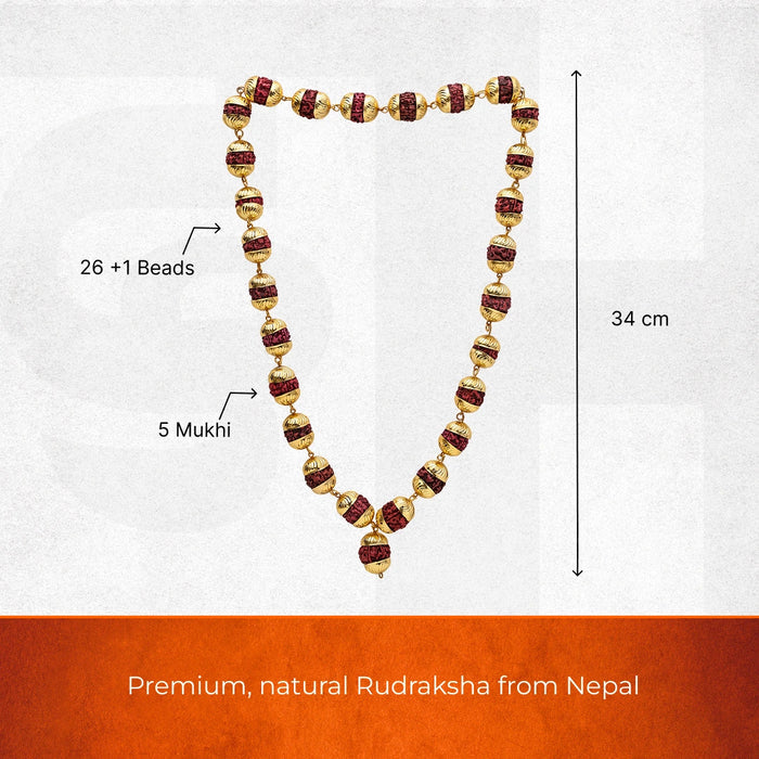 Rudraksha Mala with Golden Cap Necklace (26 + 1 Beads) - view 2