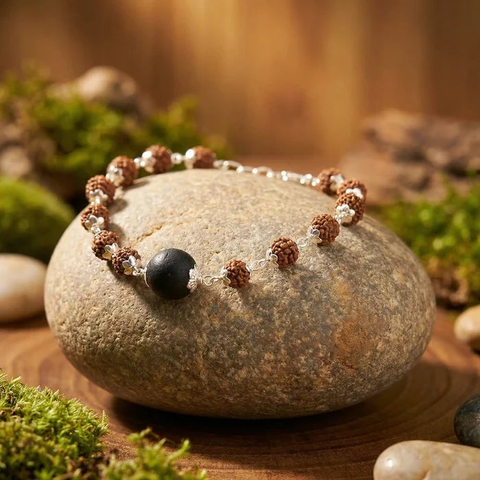 Rudraksha Silver Cap Karungali Bead Bracelet