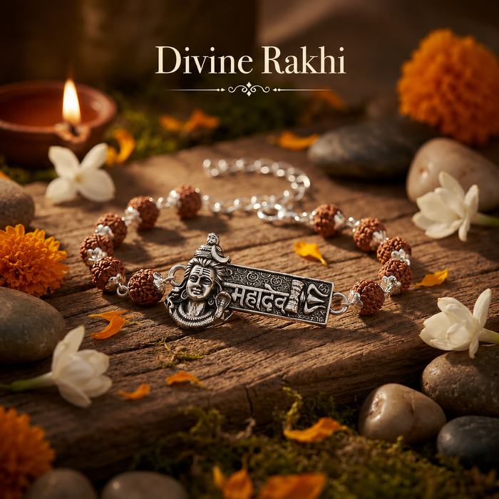 Rudraksha Silver Cap Mahadev Bracelet with silver-toned Lord Shiva charm