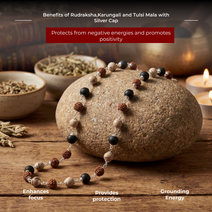 Rudraksha,Karungali and Tulsi Mala with Silver Cap - view 3