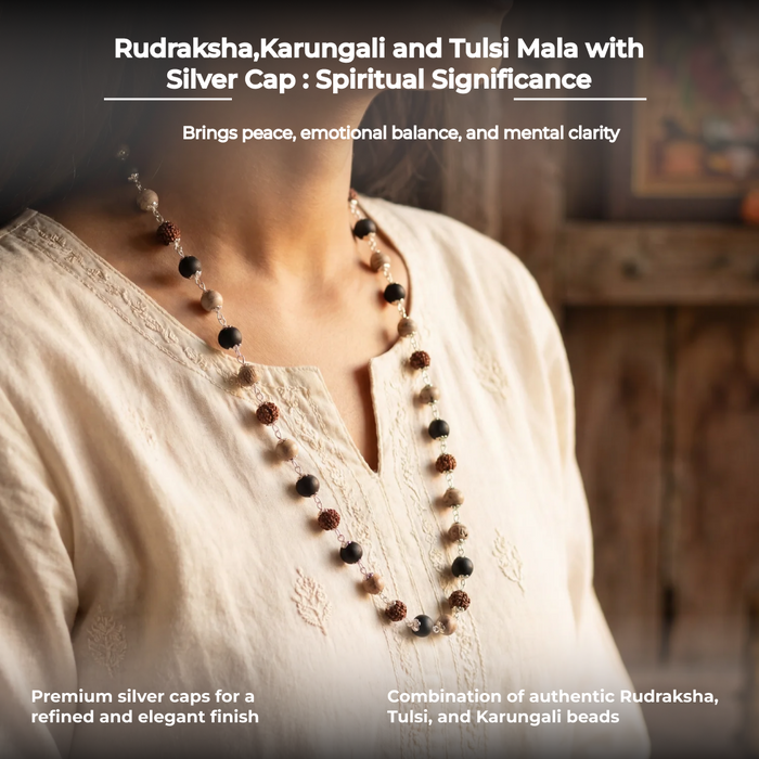 Rudraksha,Karungali and Tulsi Mala with Silver Cap - view 4