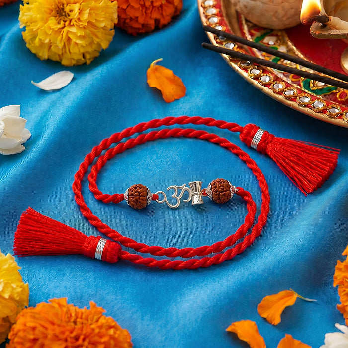 Sacred Om Shiv Damru Rudraksha Silver Rakhi (Zavya Signature)