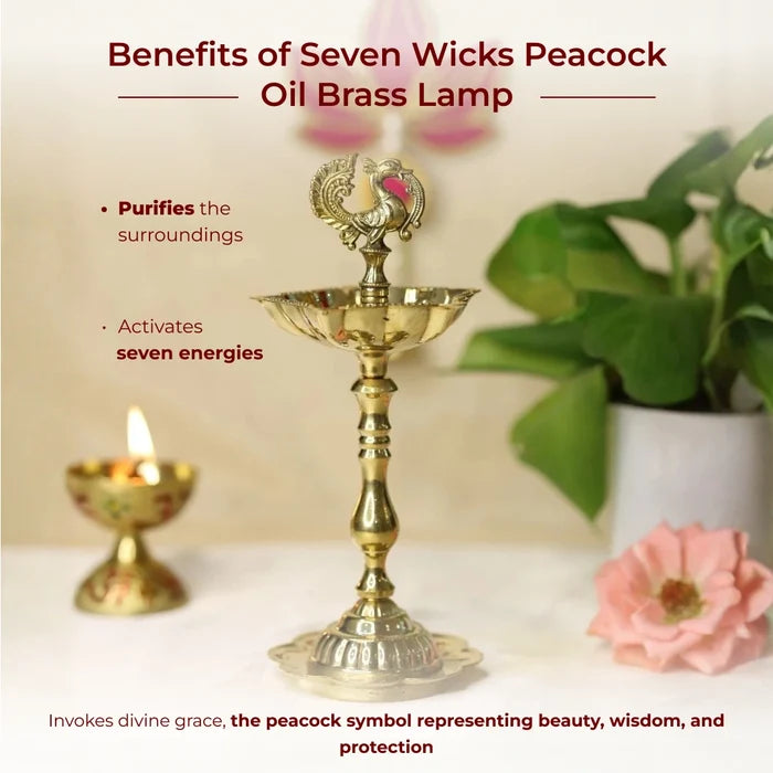 Seven Wicks Peacock Oil Brass Lamp - view 3