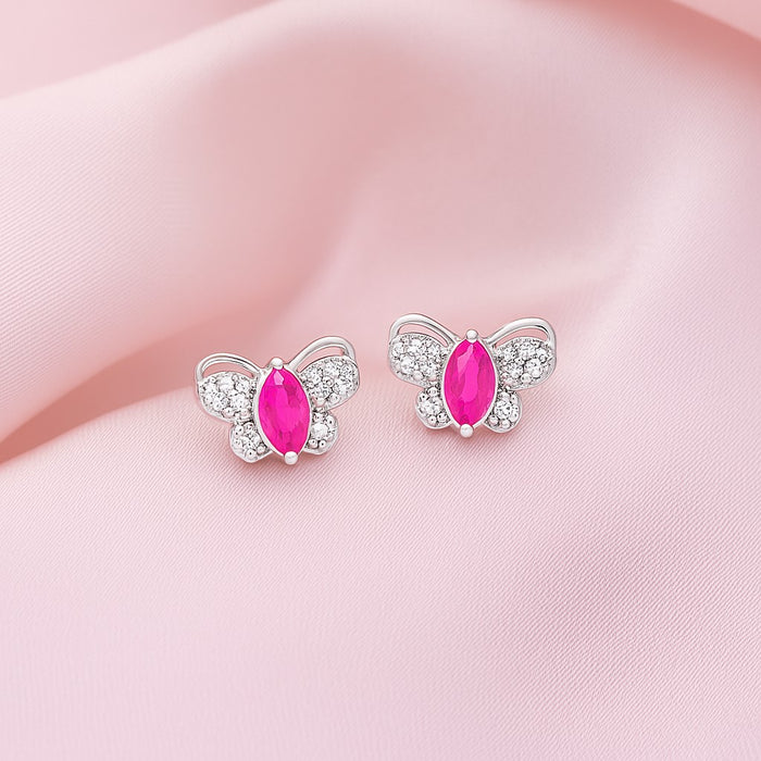 Shimmering Butterfly Pink Stone Rhodium Plated 925 Silver Stud Earrings