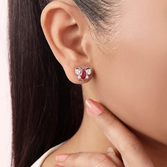 Shimmering Butterfly Pink Stone Rhodium Plated 925 Silver Stud Earrings
