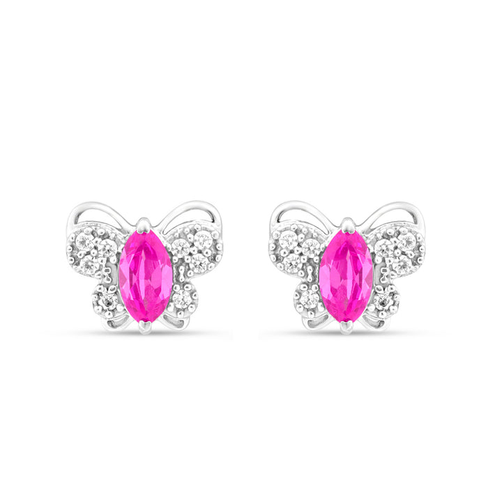 Shimmering Butterfly Pink Stone Rhodium Plated 925 Silver Stud Earrings