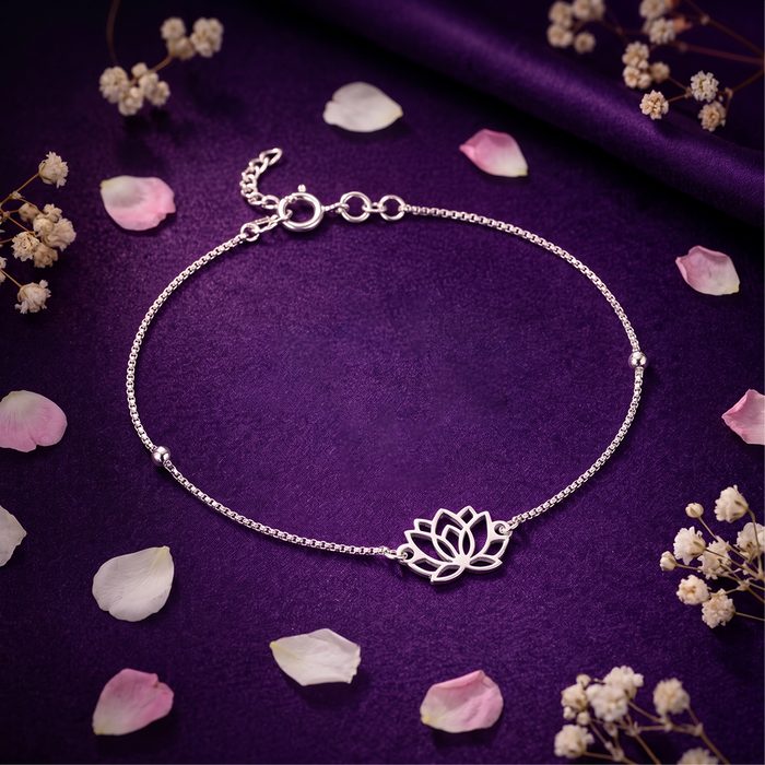 Shimmering Lotus Rhodium Plated 925 Sterling Silver Chain Anklets