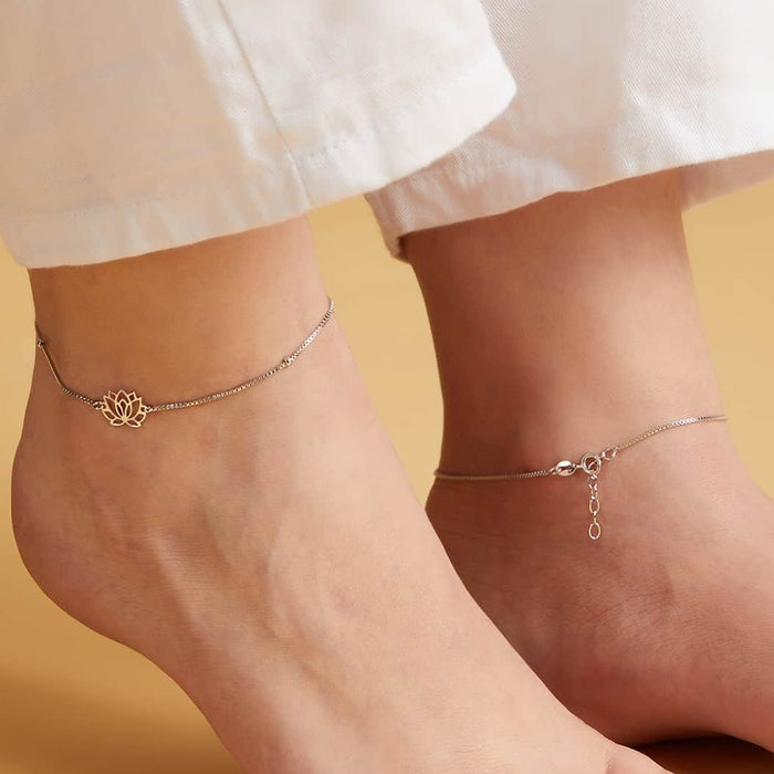 Woman wearing 925 Sterling Silver lotus charm anklets. Elegant women's silver jewellery – Zavya