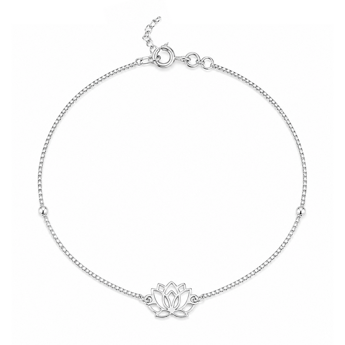 Shimmering Lotus Rhodium Plated 925 Sterling Silver Chain Anklets