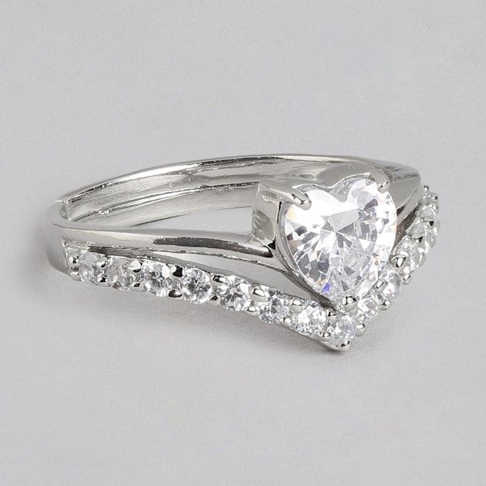 925 Sterling Silver ring for women featuring a shimmering heart CZ and studded curved band – Zavya