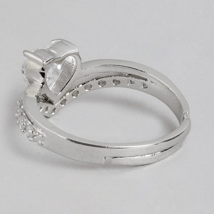 Side profile of an adjustable 925 Sterling Silver heart ring for women with CZ stones. – Zavya