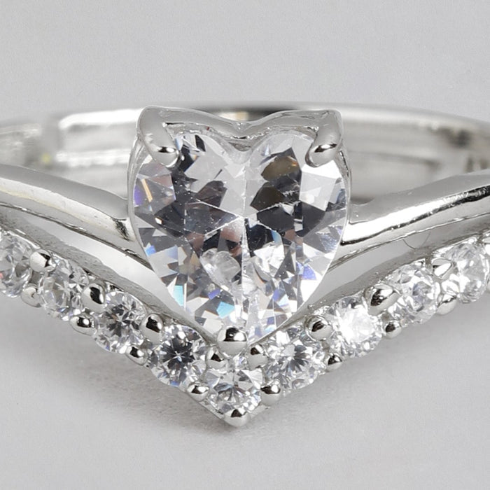 Women's 925 Sterling Silver ring featuring a sparkling CZ heart and studded V-shaped band – Zavya