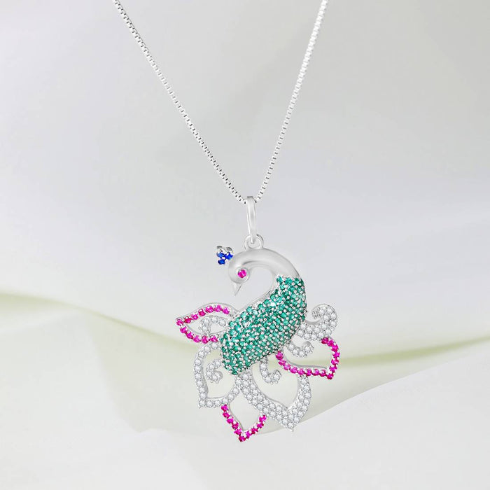 Shimmering Peacock Rhodium Plated 925 Silver Pendant