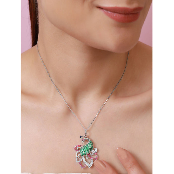 Shimmering Peacock Rhodium Plated 925 Silver Pendant
