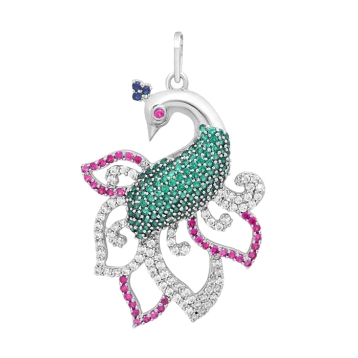Shimmering Peacock Rhodium Plated 925 Silver Pendant