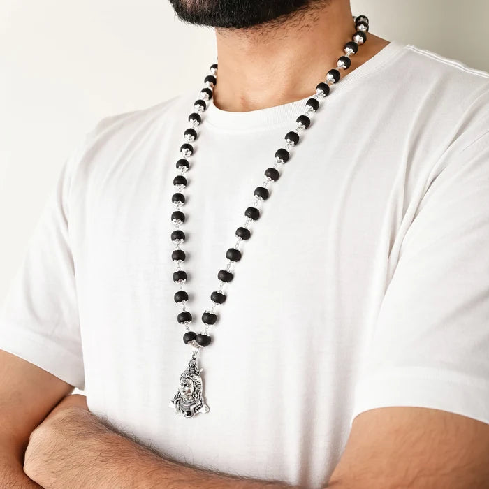 Shiv Pendant Karungali Malai Silver Cap Necklace with Govt. Certification