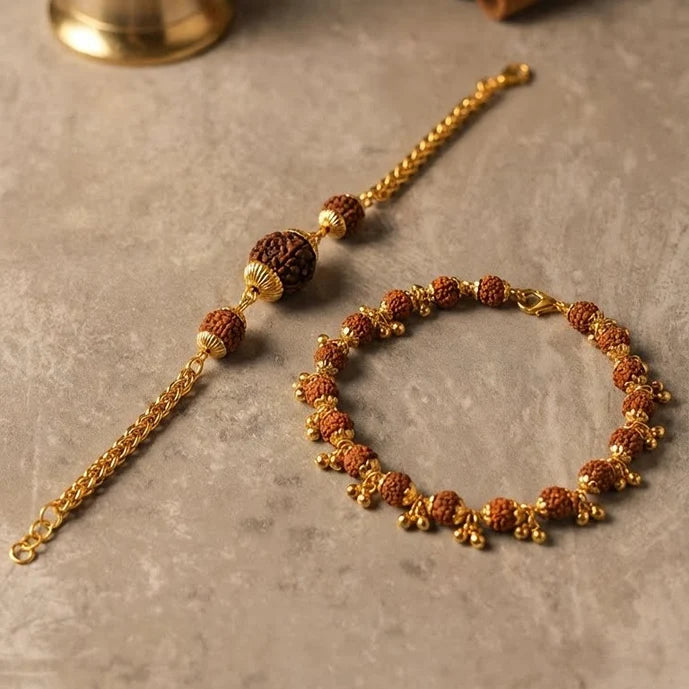 Shiva-Shakti Duo: Rudraksha Link Chain & Gold-Finish Bracelet