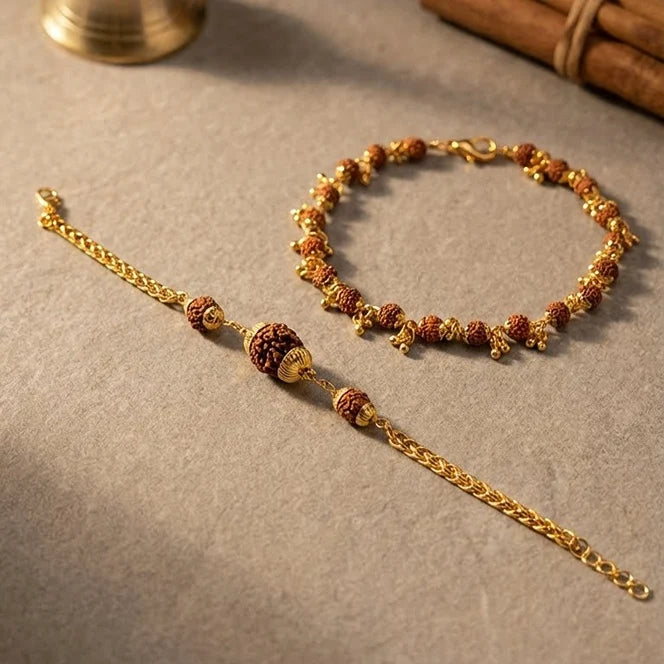 Shiva-Shakti Duo: Rudraksha Link Chain & Gold-Finish Bracelet
