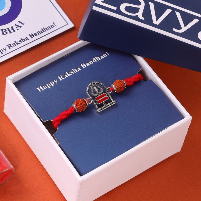 Shivling Trishul Rudraksha Beads Oxidised Silver Rakhi (Zavya Signature)