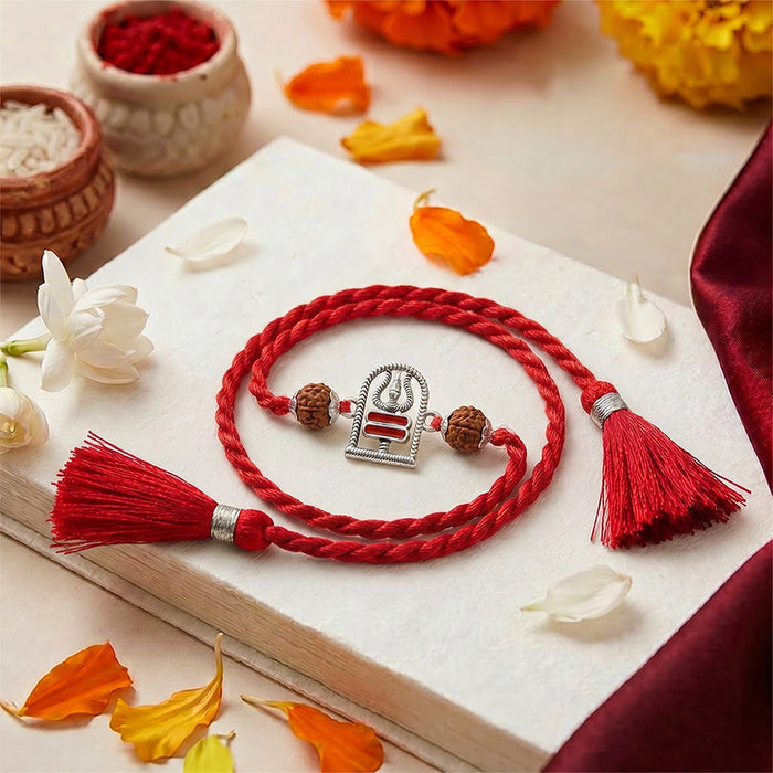 Shivling Trishul Rudraksha Beads Oxidised Silver Rakhi (Zavya Signature)