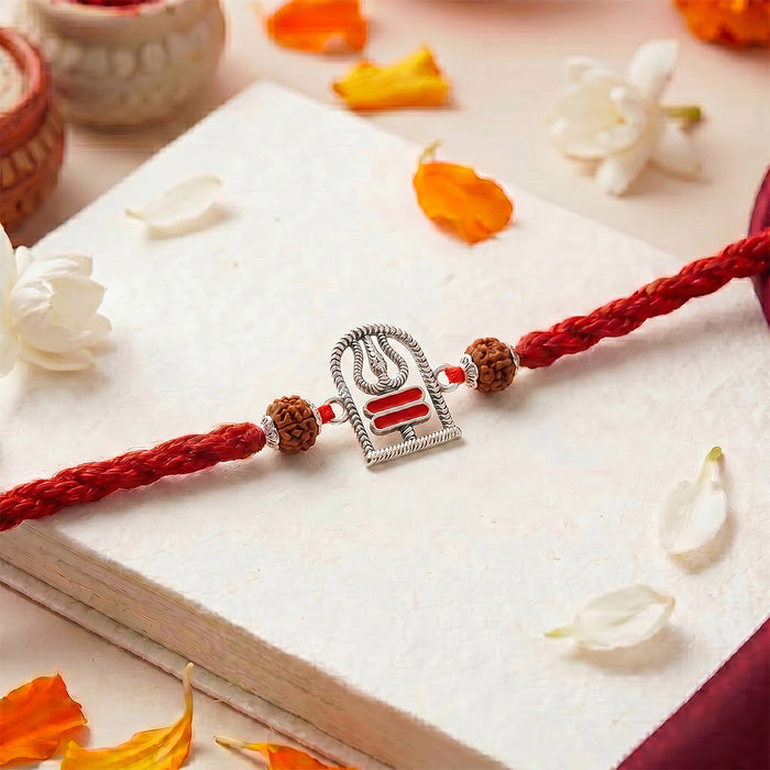Shivling Trishul Rudraksha Beads Oxidised Silver Rakhi (Zavya Signature)