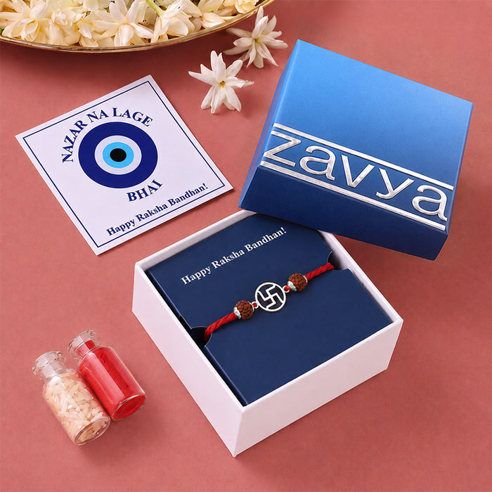Shubh Swastik Rhodium plated Silver Rakhi Fridge Magnet Hamper