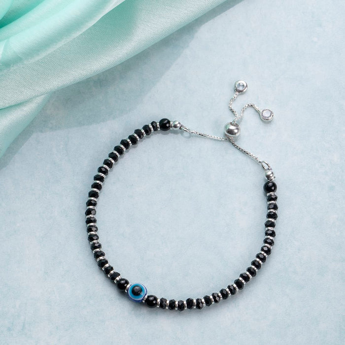 Silent Guardian Black Beaded 925 Silver Evil Eye Bracelet (Adjustable)