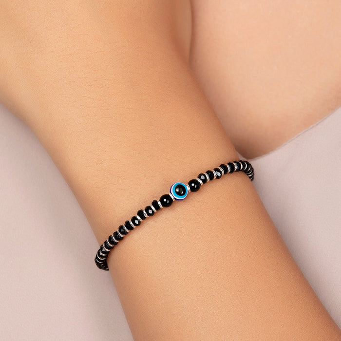 Silent Guardian Black Beaded 925 Silver Evil Eye Bracelet (Adjustable)