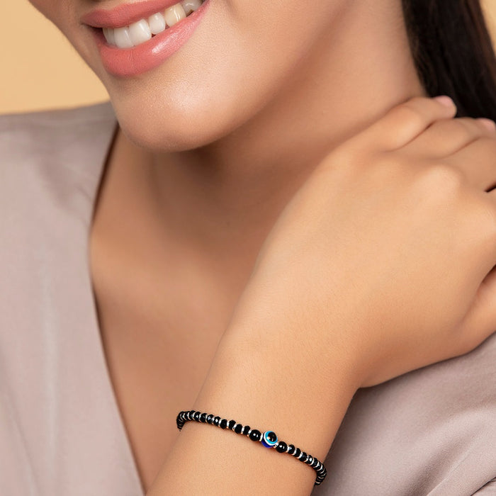 Silent Guardian Black Beaded 925 Silver Evil Eye Bracelet (Adjustable)