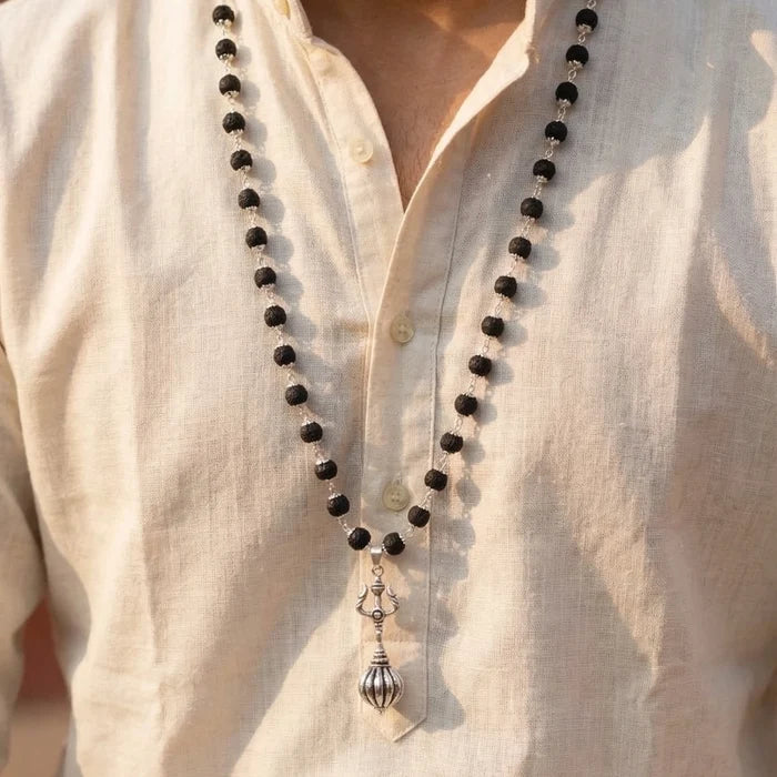 Silver Cap Karungali Mala With Hanuman Gada And Trishul - view 2