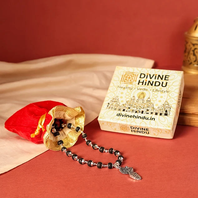 Silver Cap Karungali Mala with Vel Peacock Pendant by Divine Hindu