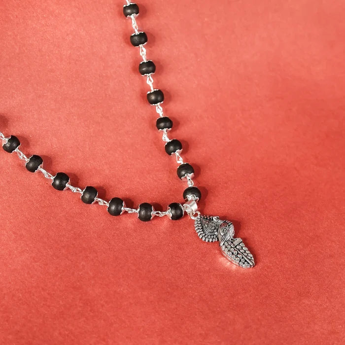 Silver Cap Karungali Mala with Vel Peacock Pendant - view 2