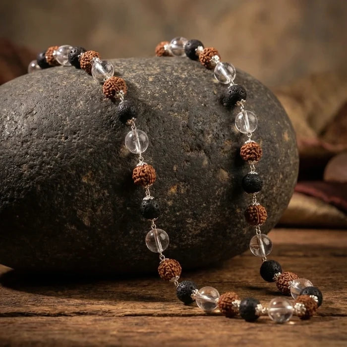 Silver Cap Rudraksha Karungali Sphatik Mala