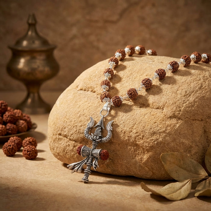 Silver Cap Rudraksha Mala with Trishul Damroo - view 2