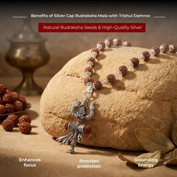 Silver Cap Rudraksha Mala with Trishul Damroo - view 4