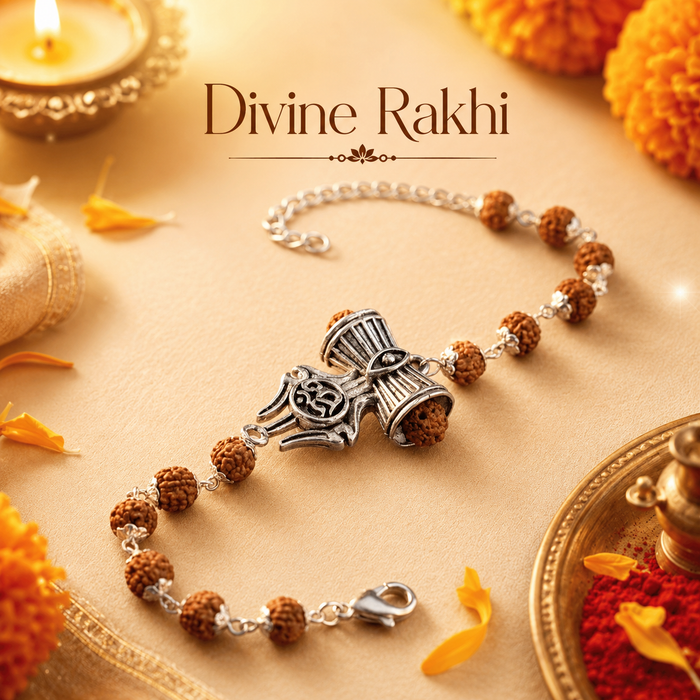 Silver Cap Rudraksha Bracelet featuring the Trishul and Damroo charm design