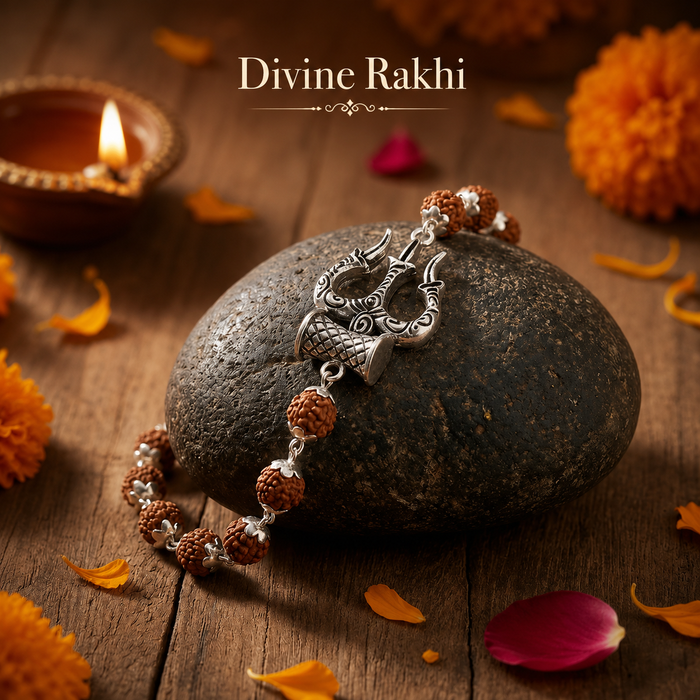 Silver Cap Rudraksha Bracelet with Trishul and Damroo charm