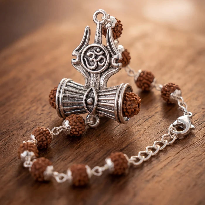 Silver Cap Rudraksha Bracelet with Trishul Damroo