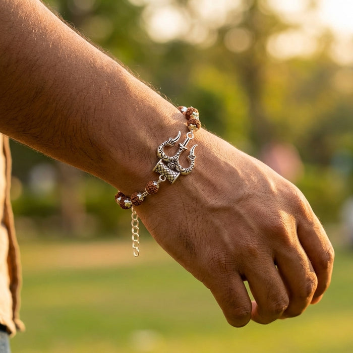 Silver Cap Rudraksha Bracelet with Trishul Damroo - view 2