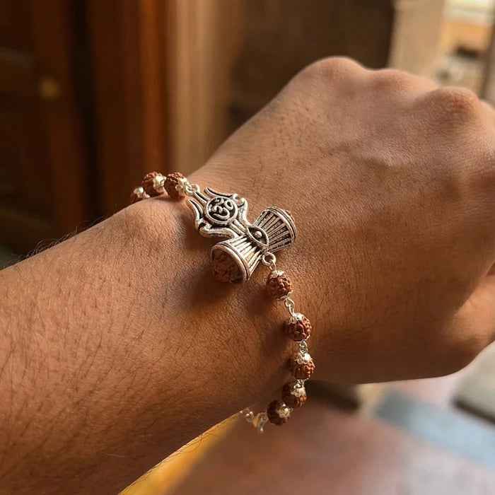 Silver Cap Rudraksha Bracelet with Trishul Damroo - view 2