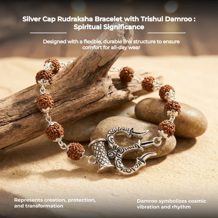 Silver Cap Rudraksha Bracelet with Trishul Damroo - view 4