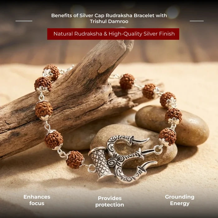 Silver Cap Rudraksha Bracelet with Trishul Damroo - view 5