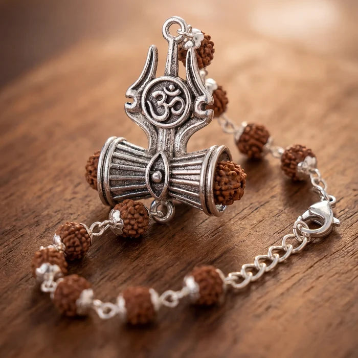 Silver Cap Rudraksha Bracelet with Trishul Damroo - view 4
