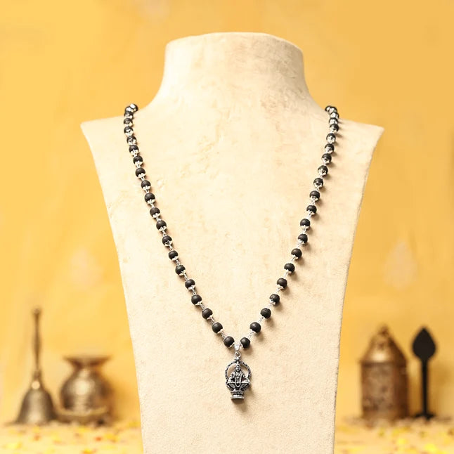 Silver-Capped Karungali Malai with Lord Ayyappa Pendant