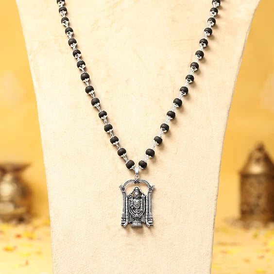 Silver-Capped Karungali Malai with Lord Venkateswara Balaji Pendant